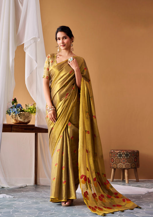 Olive green tissue silk saree with floral accents, ready-to-wear drape