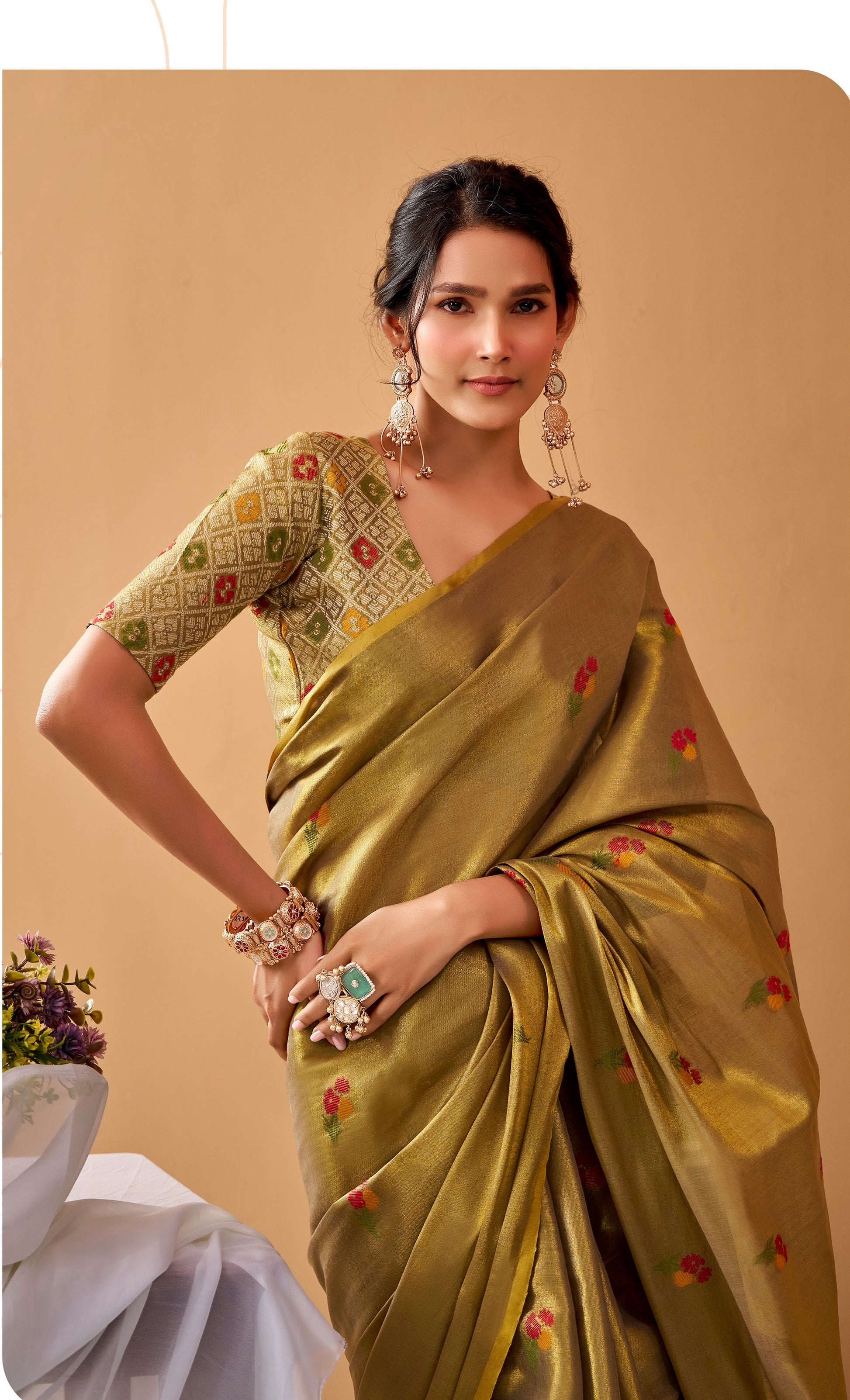 Olive Green Tissue Silk Ready To Wear/Easy Saree by Stylebypanaash 
