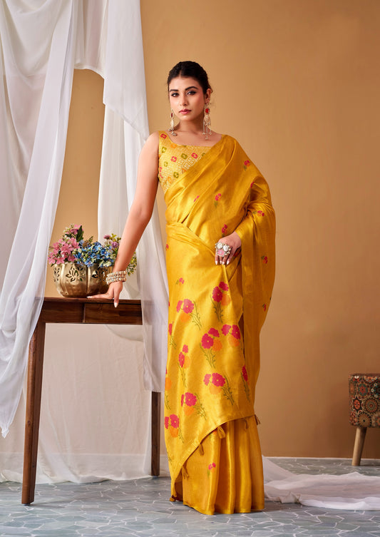 Mustard yellow ready-to-wear saree with pink floral motifs, draped tissue-silk fabric