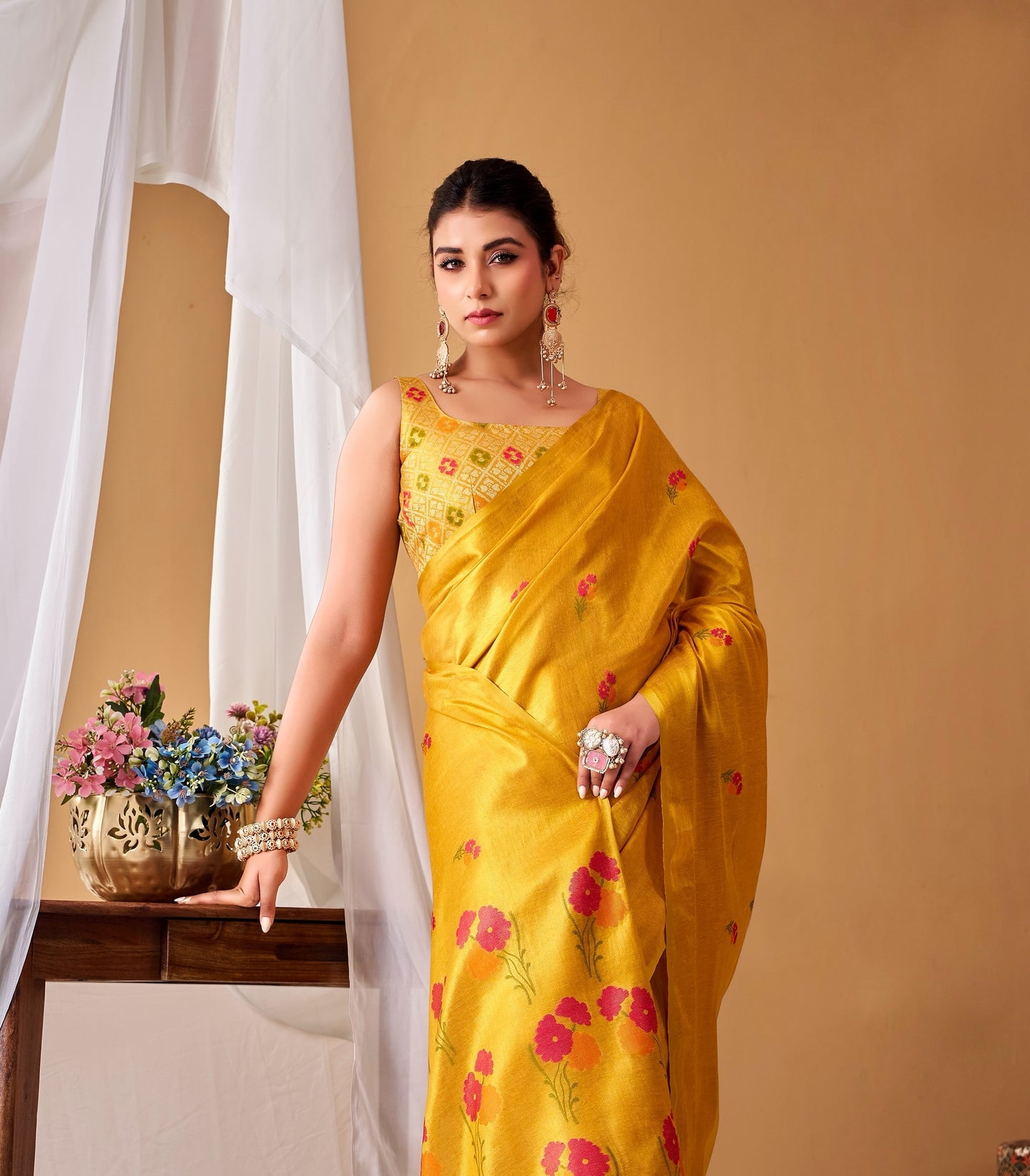 Mustard Yellow Tissue Silk Ready To Wear/Easy Saree by Stylebypanaash 