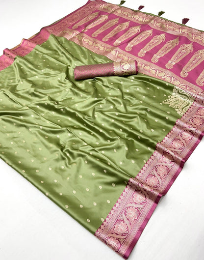 Olive Green Satin Silk Readymade/Easy Saree - Panaash Saree