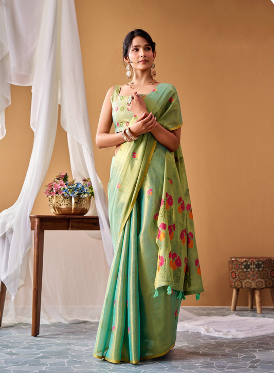 Green tissue silk saree with floral print and matching short-sleeve blouse, ready-to-wear