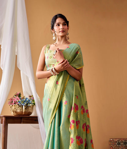 Green Tissue Silk Ready To Wear/Easy Saree by Stylebypanaash 