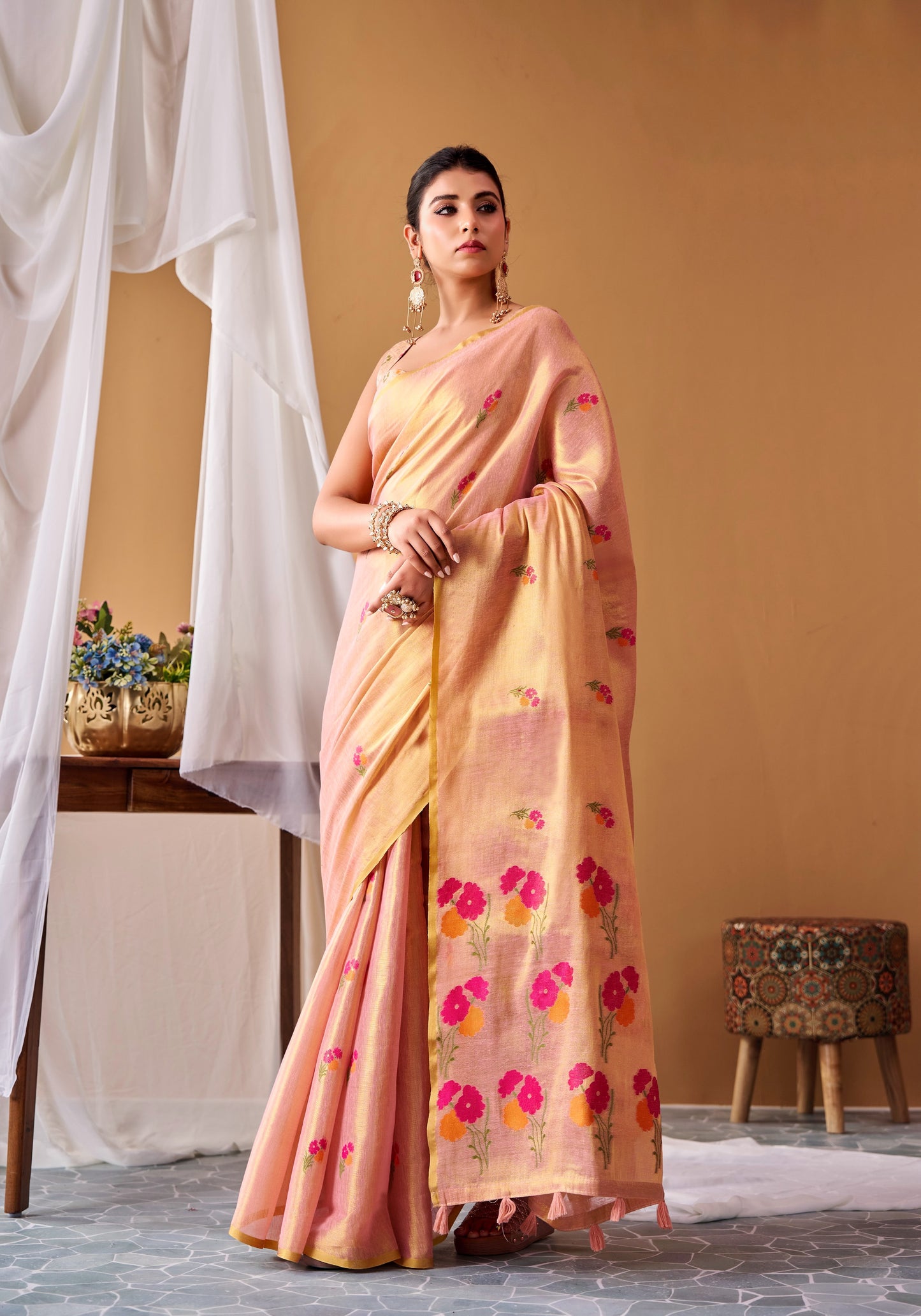 Rose Gold Tissue Silk Ready To Wear/Easy Saree by Stylebypanaash 