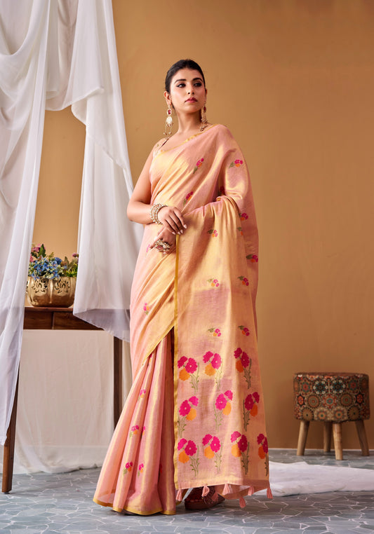 Rose gold ready-to-wear saree with pink floral print and long draped border