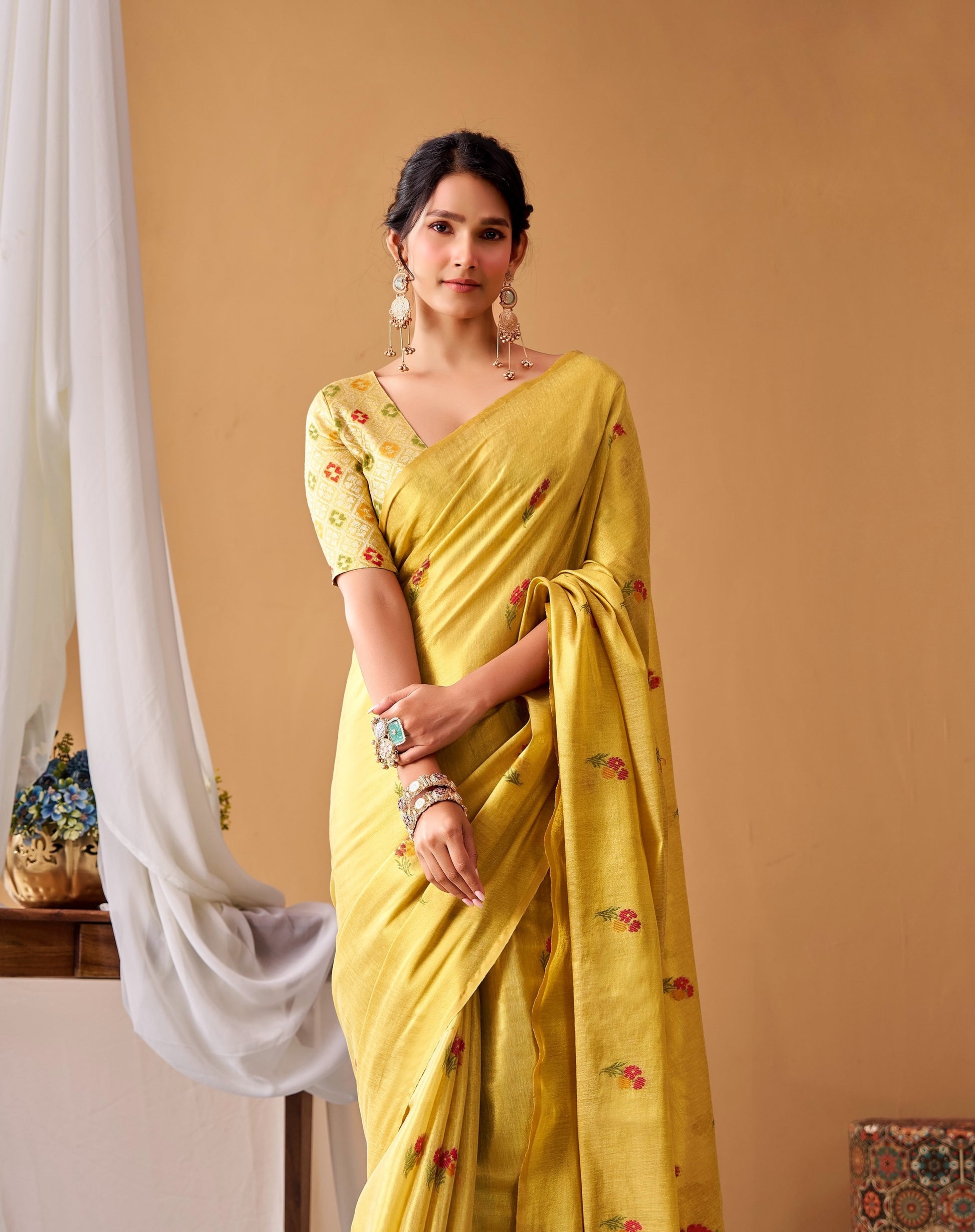 Light Yellow Tissue Silk Ready To Wear/Easy Saree by Stylebypanaash 