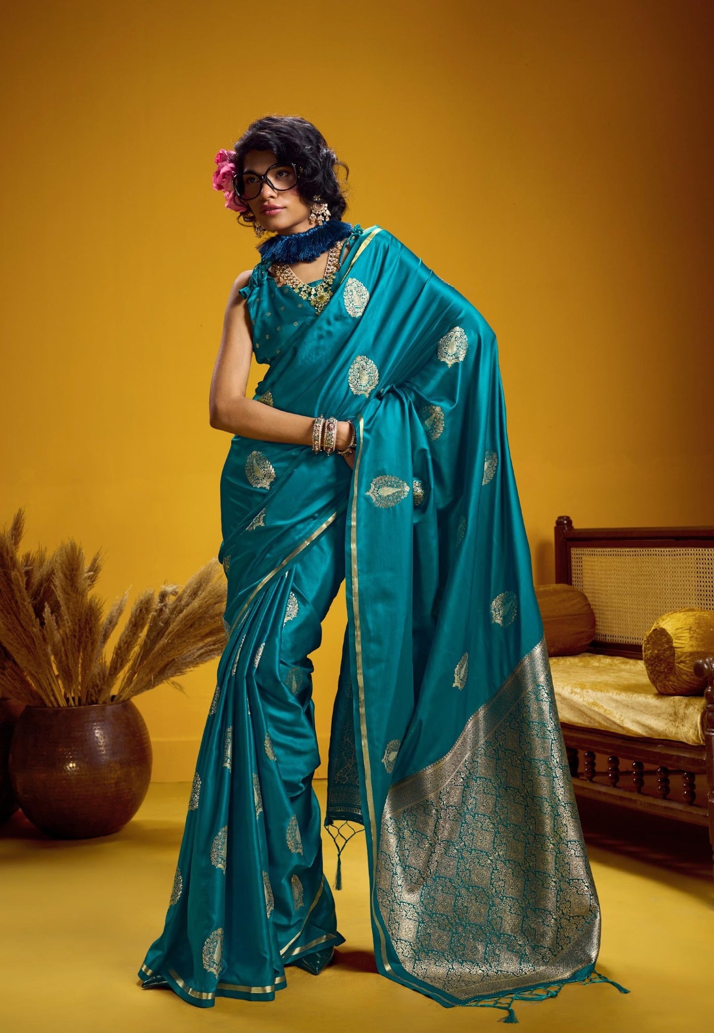 Teal Blue Satin Silk Ready To Wear/Easy Saree - Panaash Saree