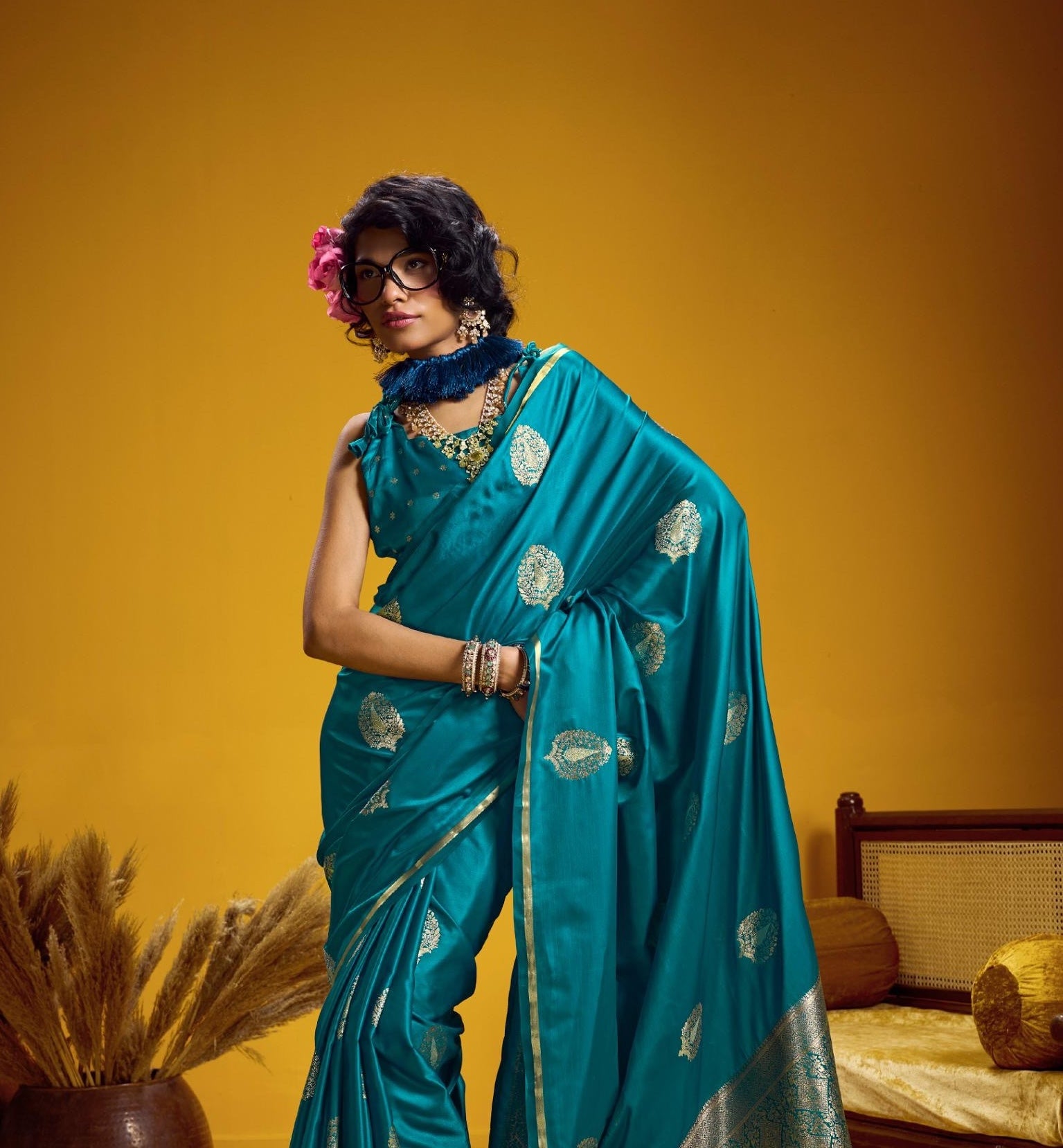 Teal Blue Satin Silk Ready To Wear/Easy Saree - Panaash Saree