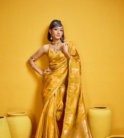 Mustard Yellow Satin Silk Ready to wear/Easy Saree - Panaash Saree