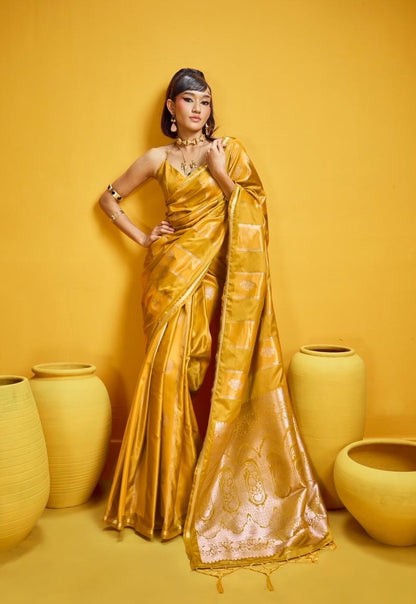 Mustard Yellow Satin Silk Ready to wear/Easy Saree - Panaash Saree