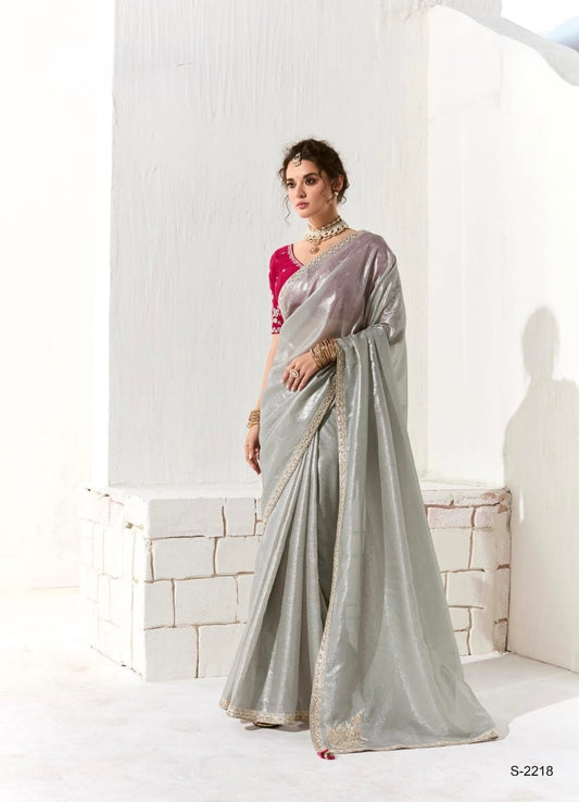 Grey Organza Readymade Saree With Fancy Blouse Piece