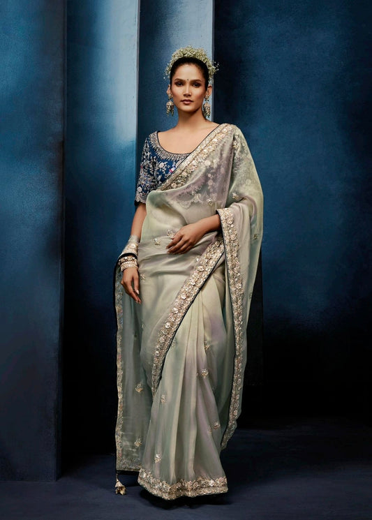 Sage Green Tissue Silk Ready to wear/Easy Saree - Panaash Saree