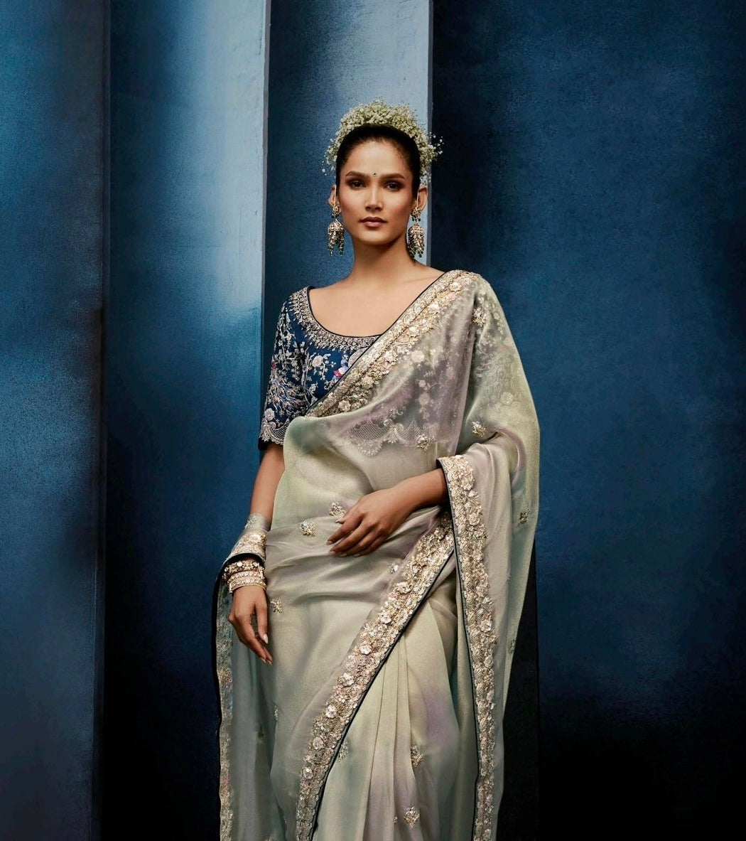 Sage Green Tissue Silk Ready to wear/Easy Saree - Panaash Saree