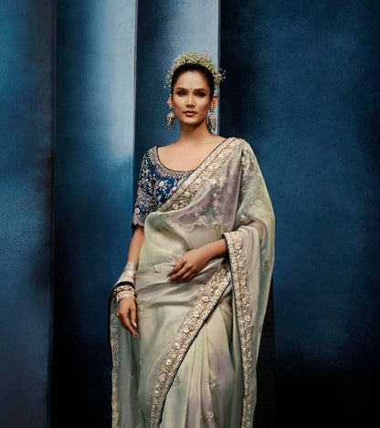 Sage Green Tissue Silk Ready to wear/Easy Saree - Panaash Saree