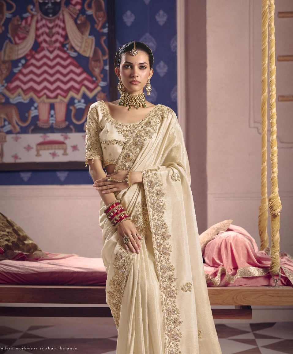 Ivory Designer Silk Ready To Wear/Easy Saree by Stylebypanaash