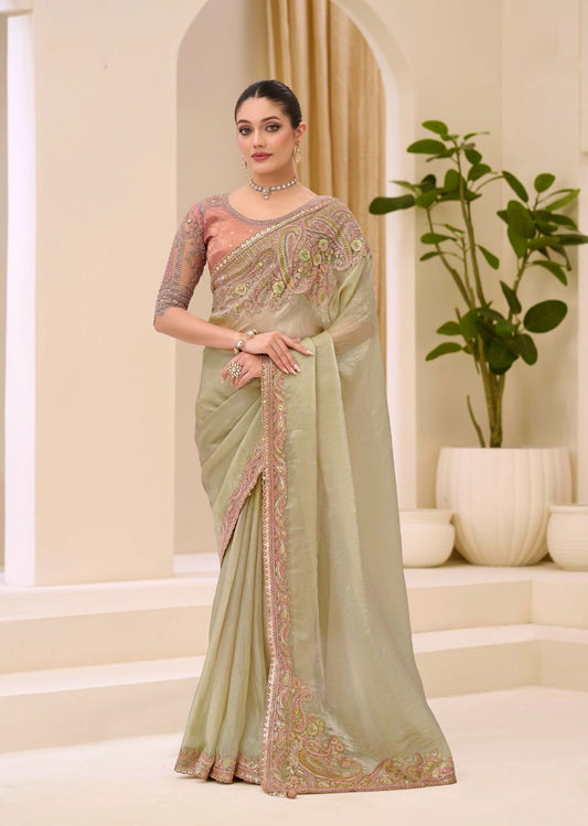 Pista Green Cocktail Party Wear Readymade Saree