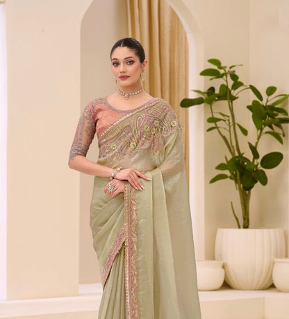 Pista Green Cocktail Party Wear Readymade Saree