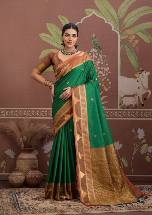 Green Color Tussar Silk Readymade/Easy Saree