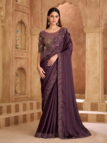 Deep Plum Cocktail Party Wear Readymade Saree
