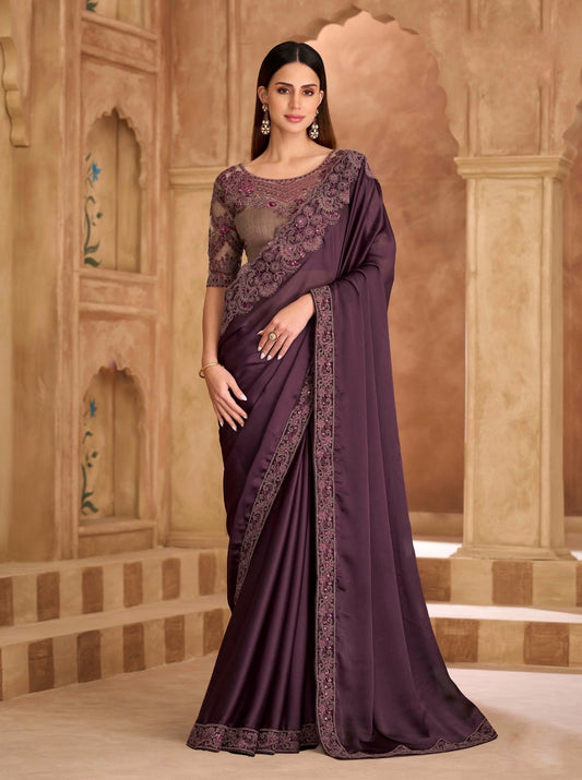 Deep Plum Cocktail Party Wear Readymade Saree