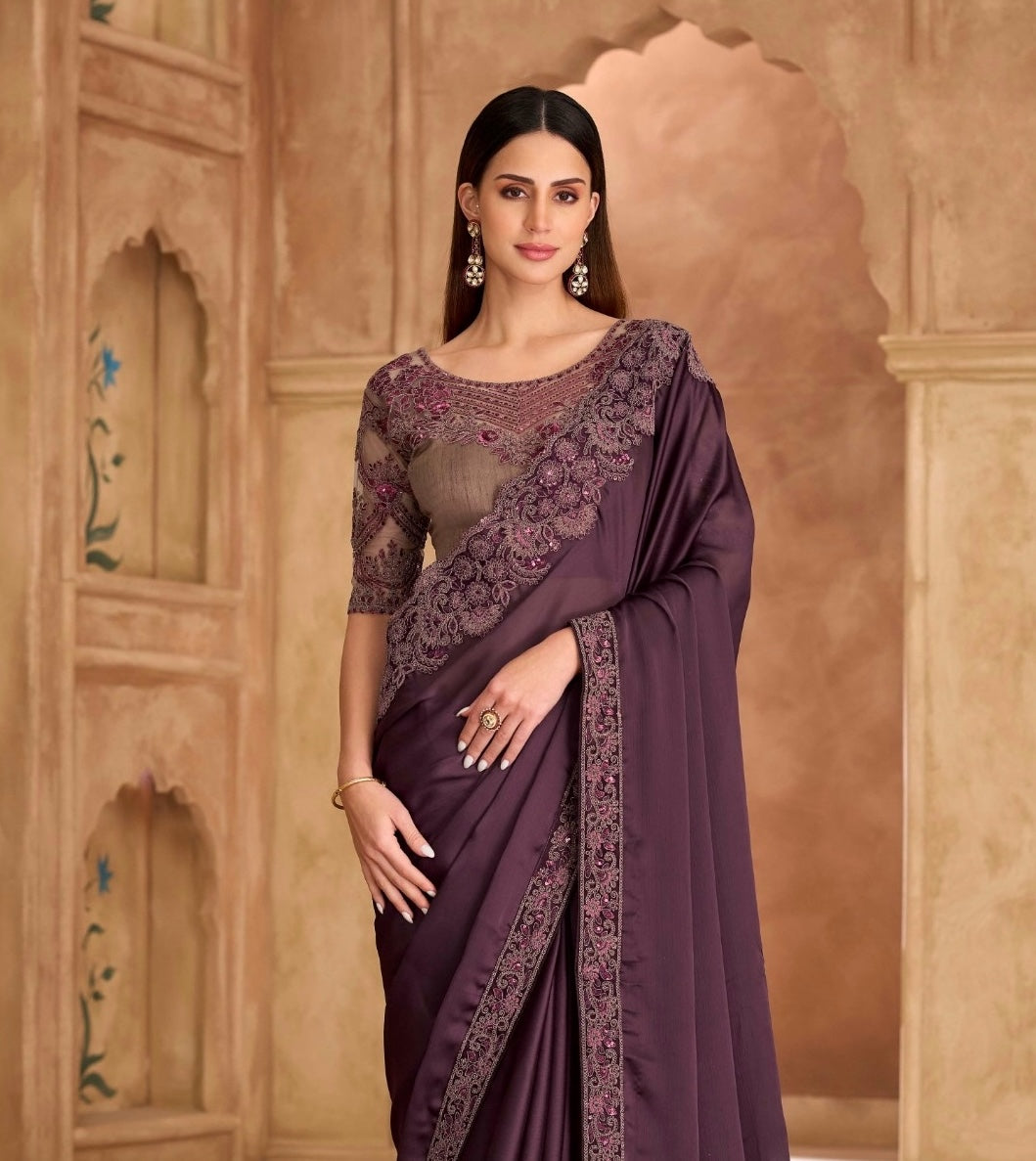 Deep Plum Cocktail Party Wear Readymade Saree