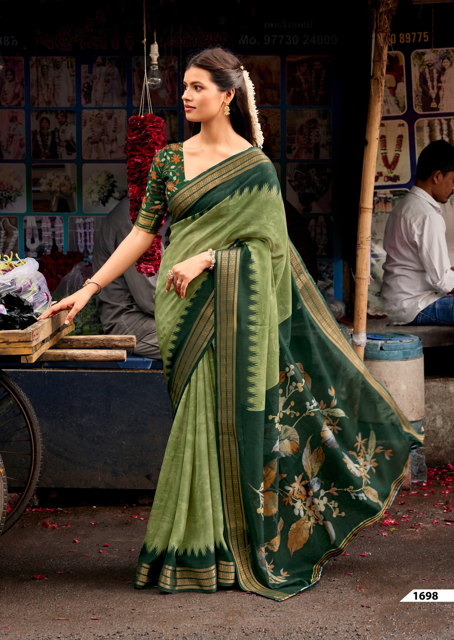 Green Cotton Ready To Wear/Easy Saree by Stylebypanaash 