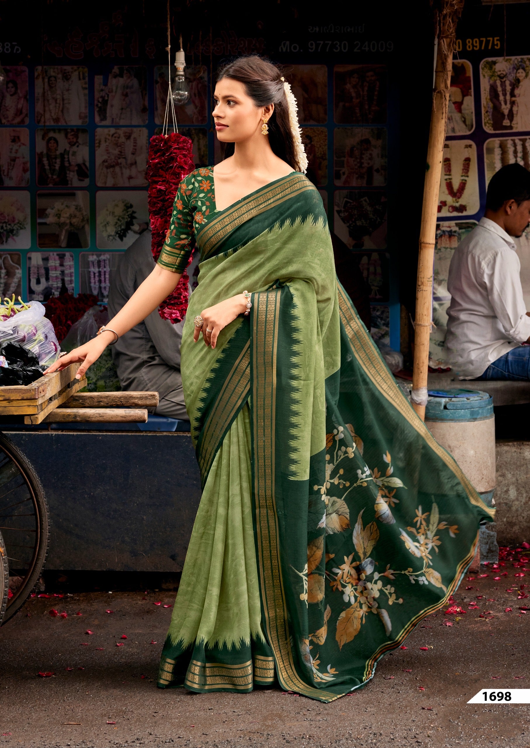 Green Cotton Ready To Wear/Easy Saree by Stylebypanaash 