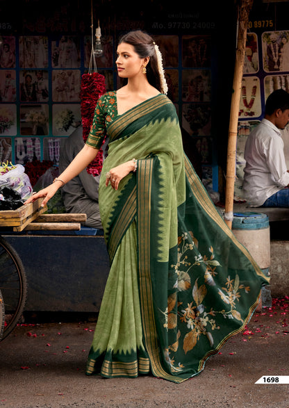 Green Cotton Ready To Wear/Easy Saree by Stylebypanaash 
