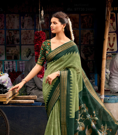 Green Cotton Ready To Wear/Easy Saree by Stylebypanaash 