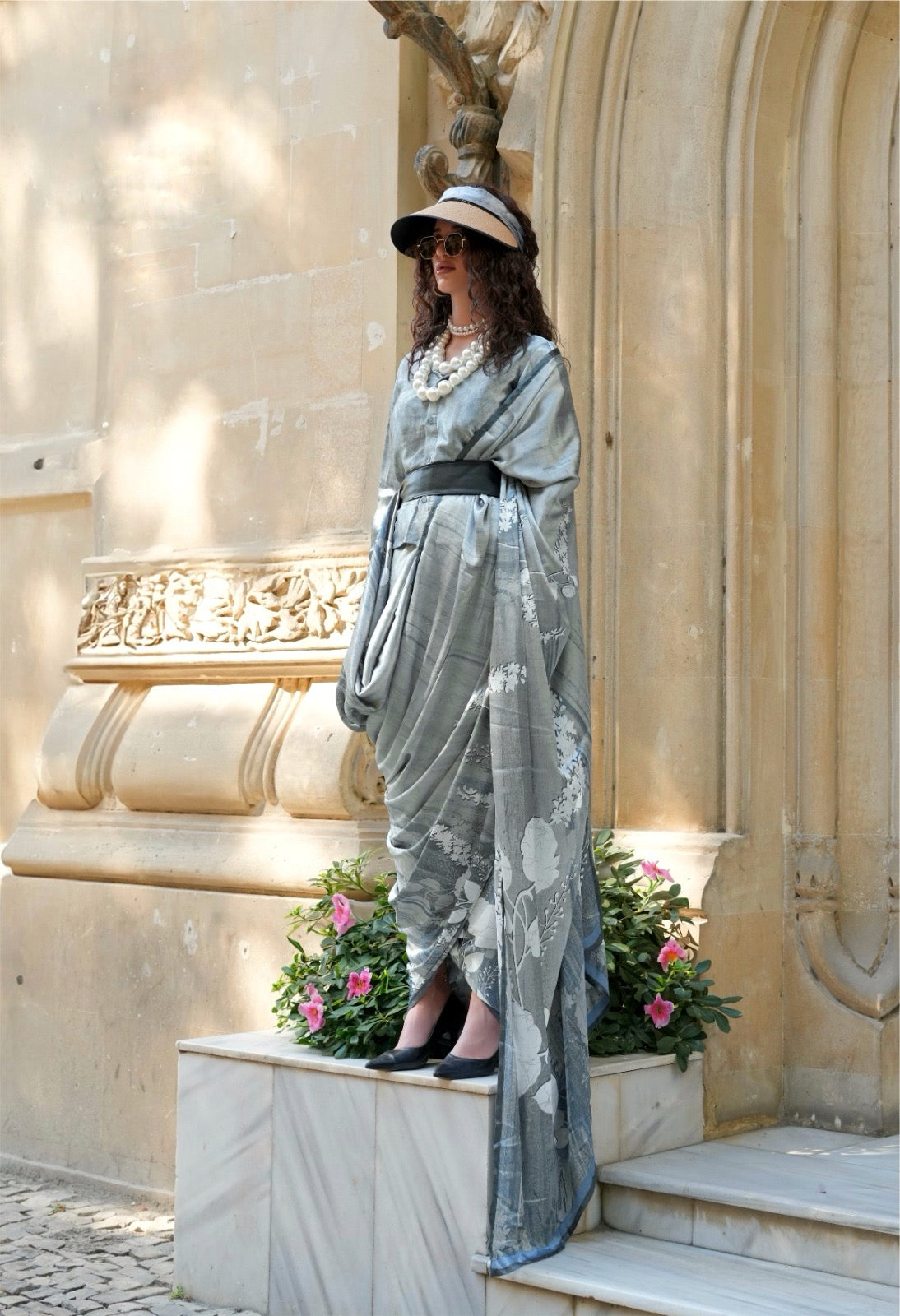 Steel Grey Crepe Silk Readymade/Easy Saree - Panaash Saree