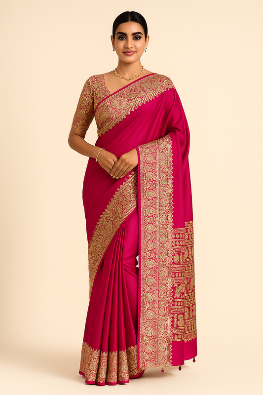 Pink Readymade Crepe Ajrakh Silk Saree