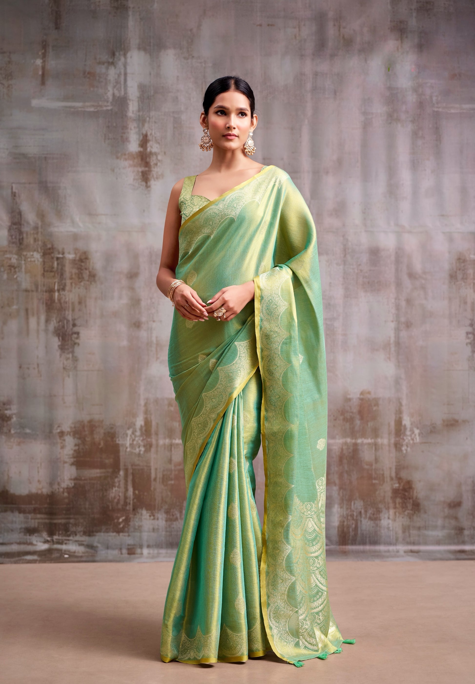 Pista Green Tissue Silk Ready To Wear/Easy Saree by Stylebypanaash 