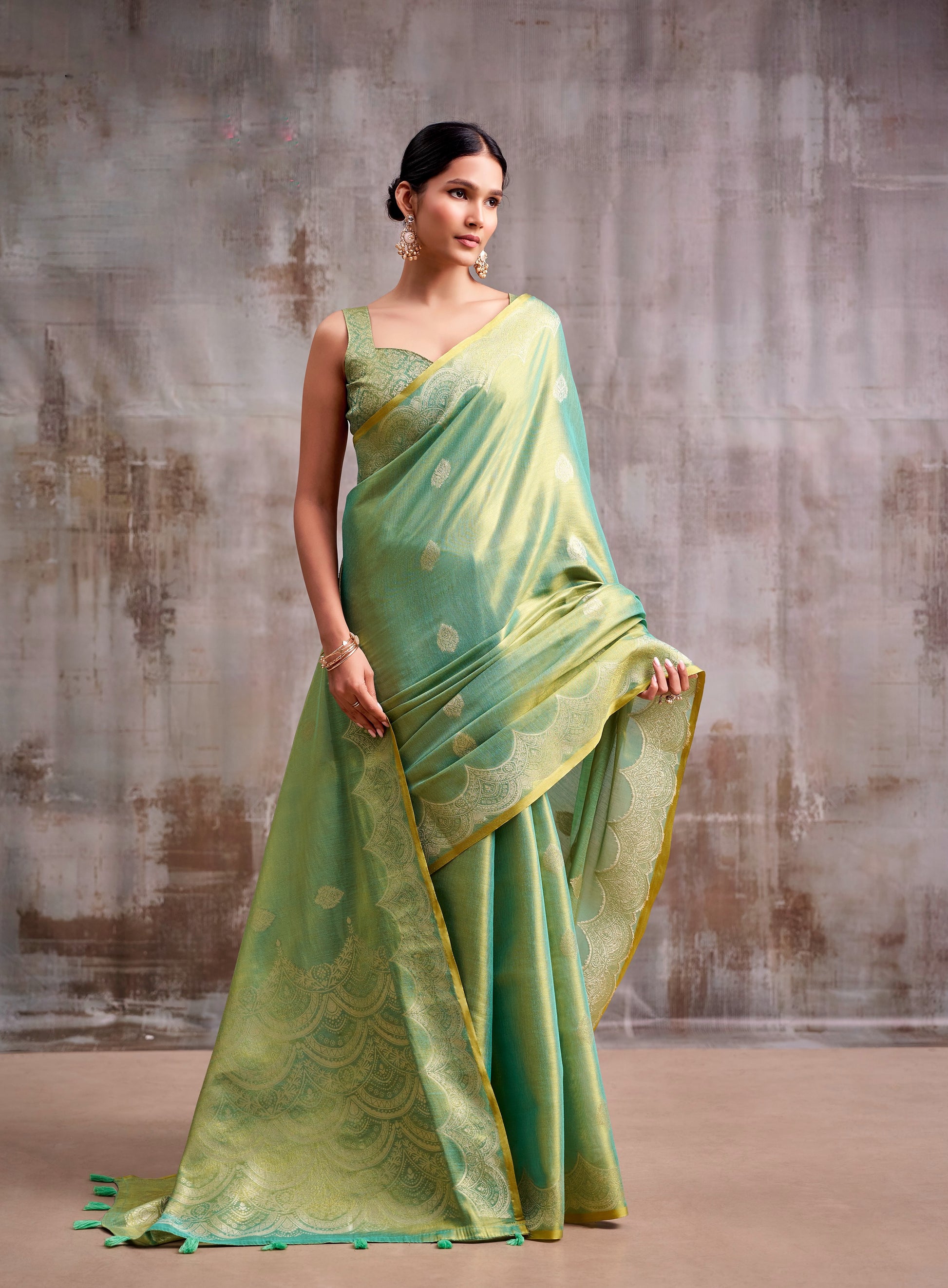 Pista Green Tissue Silk Ready To Wear/Easy Saree by Stylebypanaash 