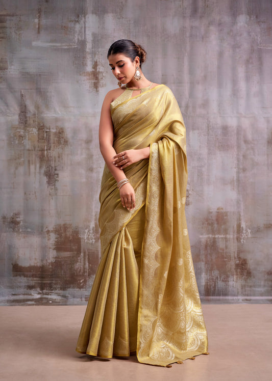 Gold tissue silk ready-to-wear saree with draped pallu and sleeveless blouse