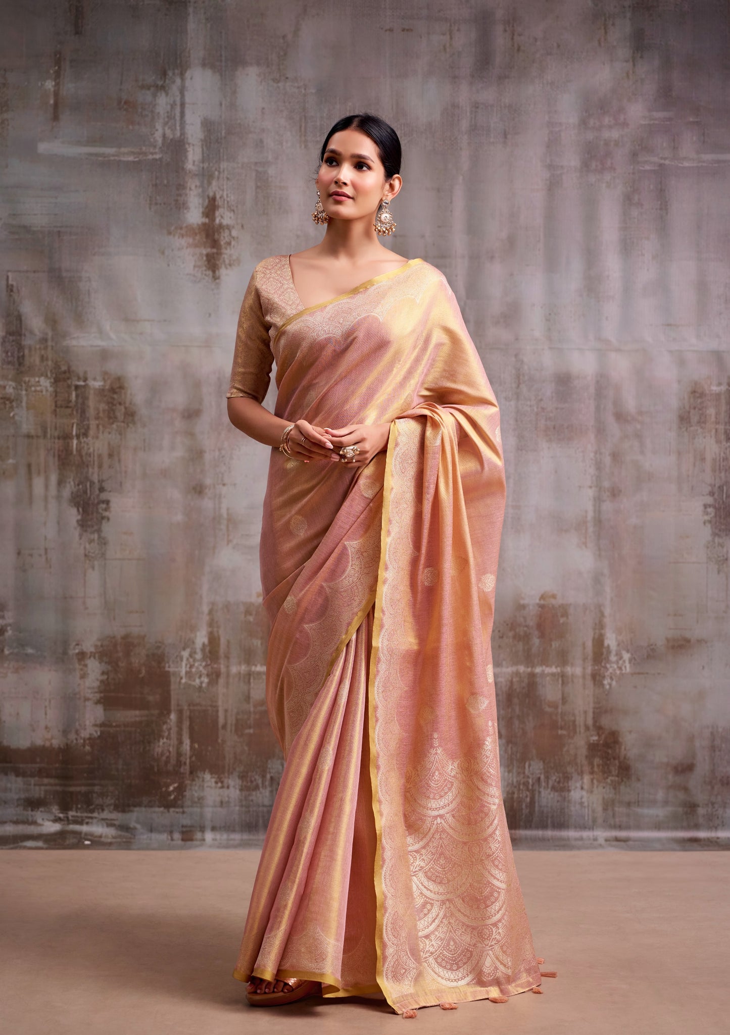 Rose Gold Tissue Silk Ready To Wear/Easy Saree by Stylebypanaash 