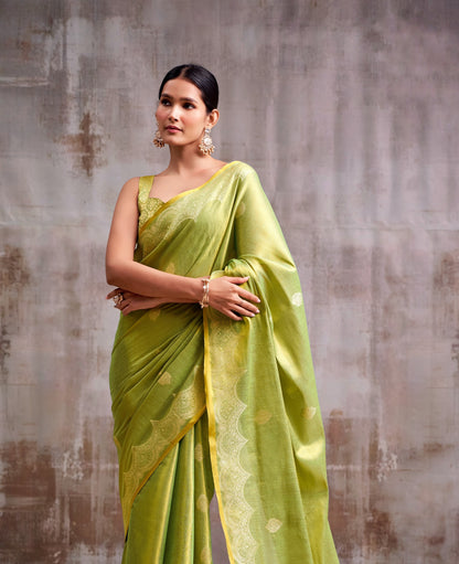 Leaf Green Tissue Silk Ready To Wear/Easy Saree by Stylebypanaash 