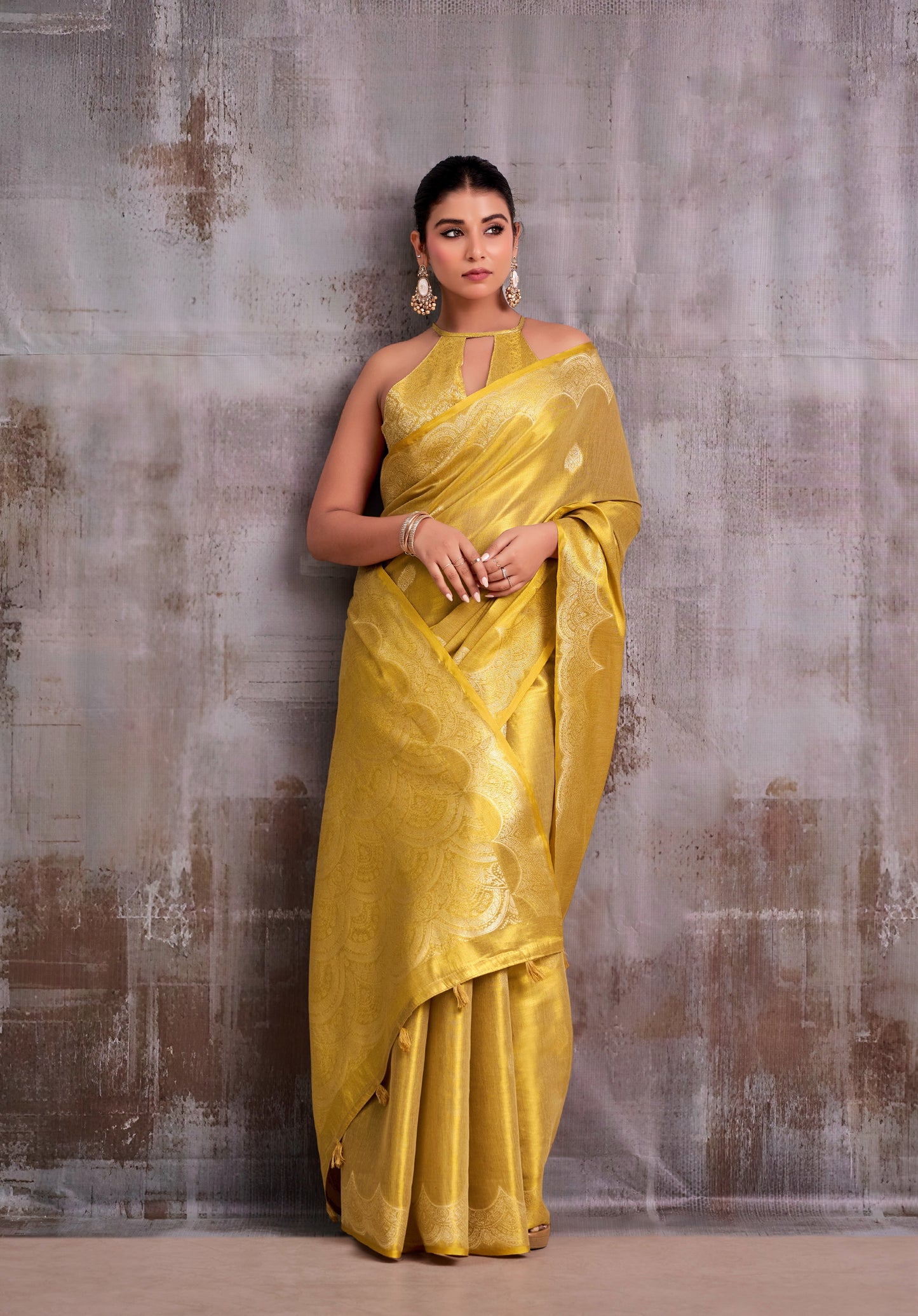 Golden Tissue Silk Ready To Wear/Easy Saree by Stylebypanaash 