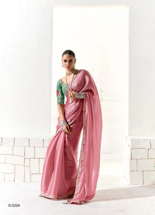 Pink Organza Readymade Saree With Fancy Blouse Piece