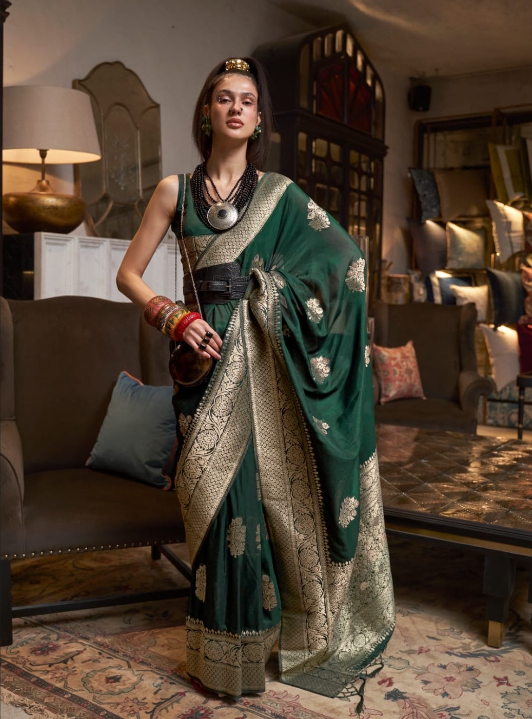 Green Khadi Georgette Readymade/Easy Saree
