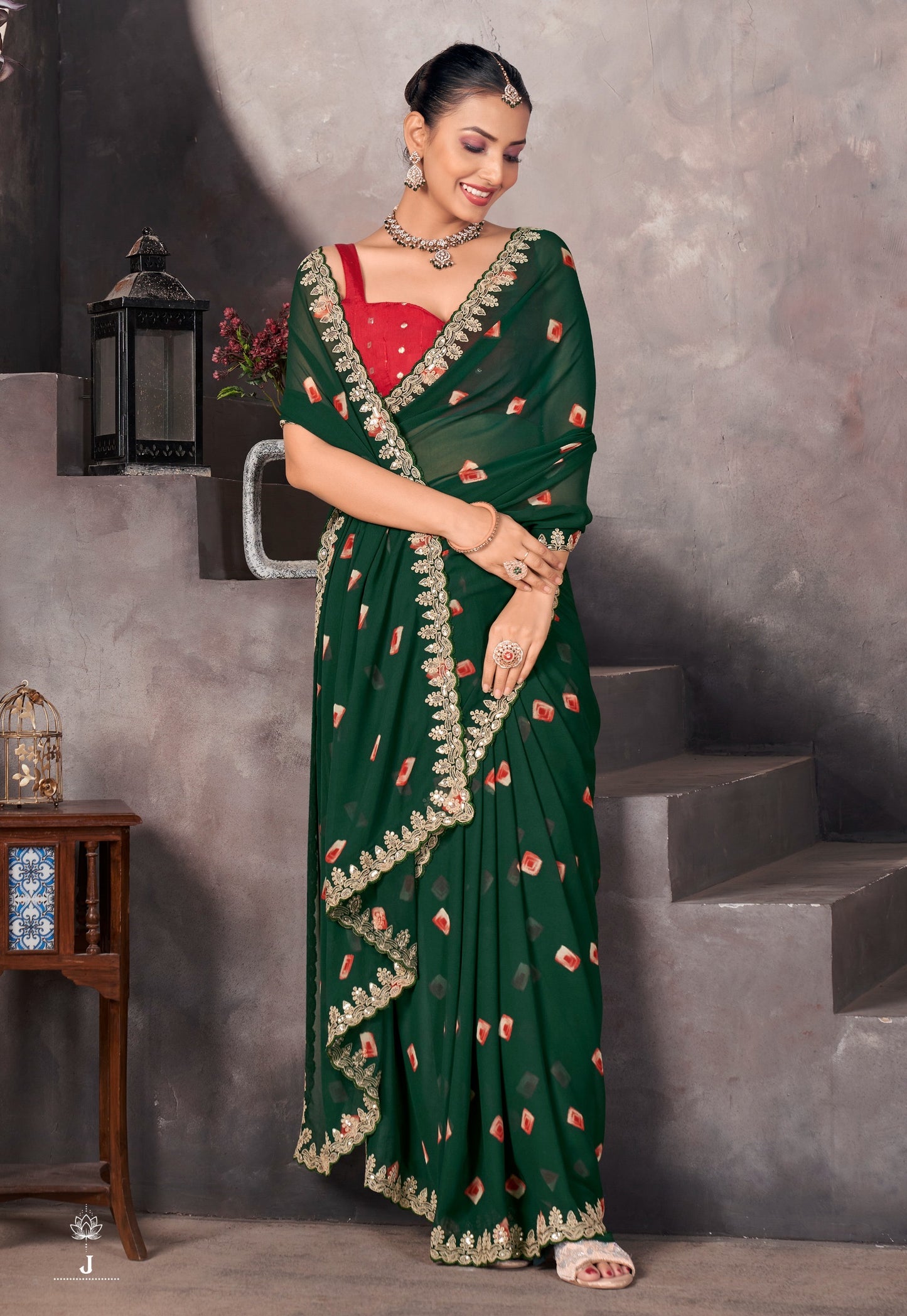 Bottle Green Georgette Readymade/Easy Saree