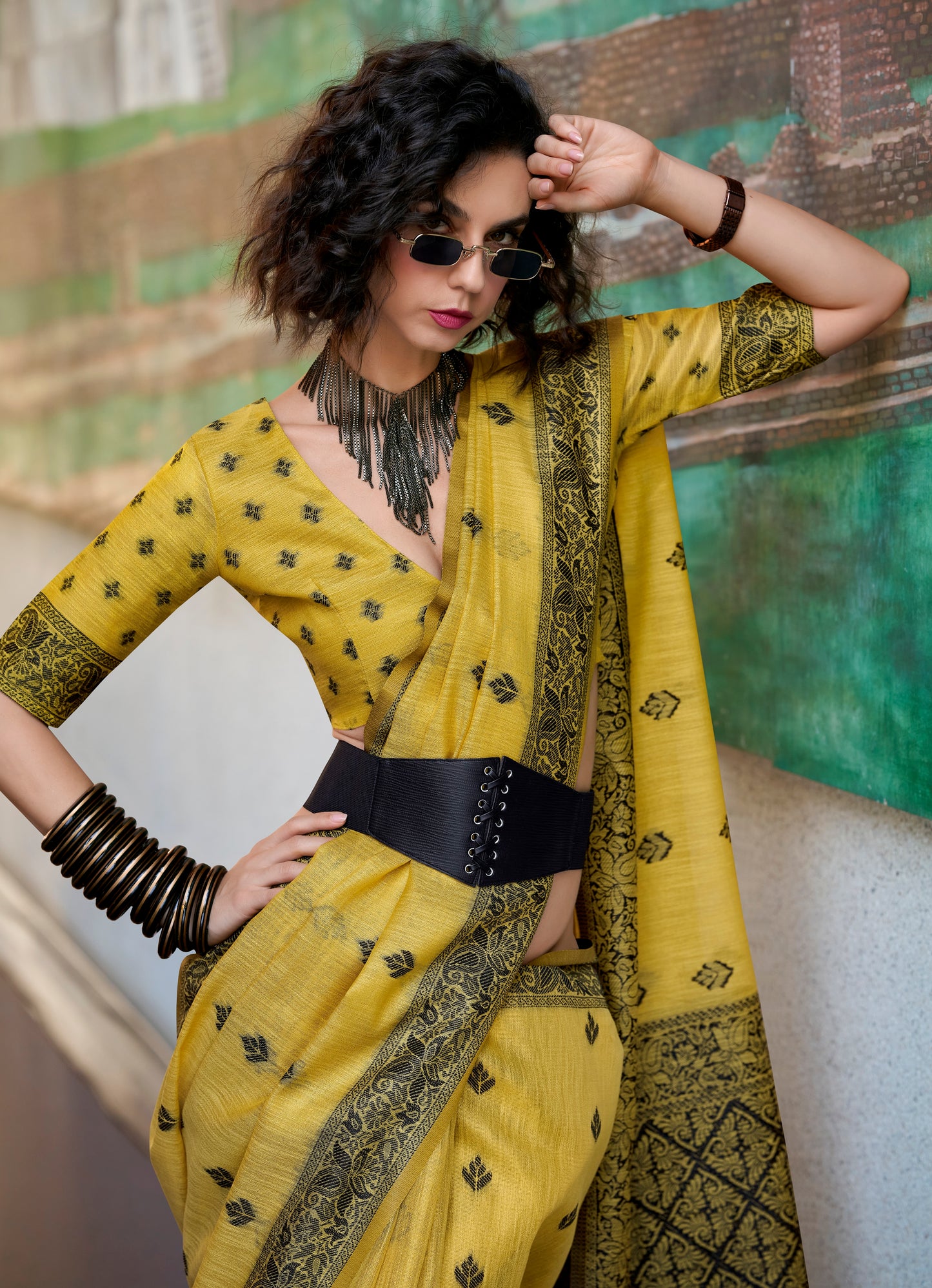 Yellow Linen Tissue Readymade/Easy Saree