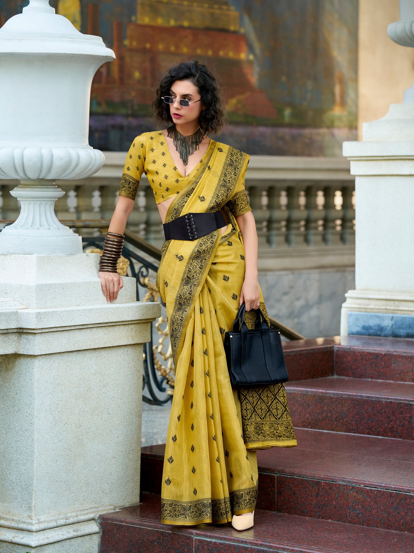 Yellow Linen Tissue Readymade/Easy Saree