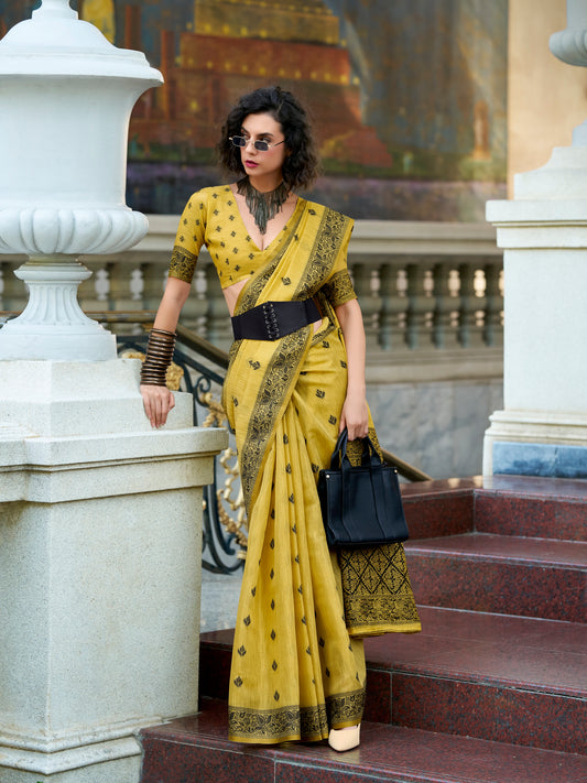 Yellow Linen Tissue Readymade/Easy Saree