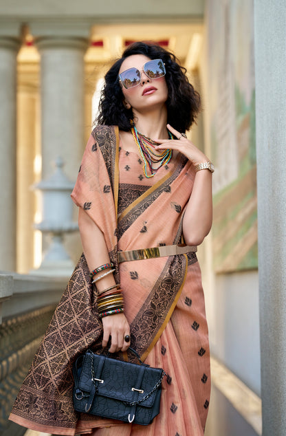 Peach Linen Tissue Readymade/Easy Saree