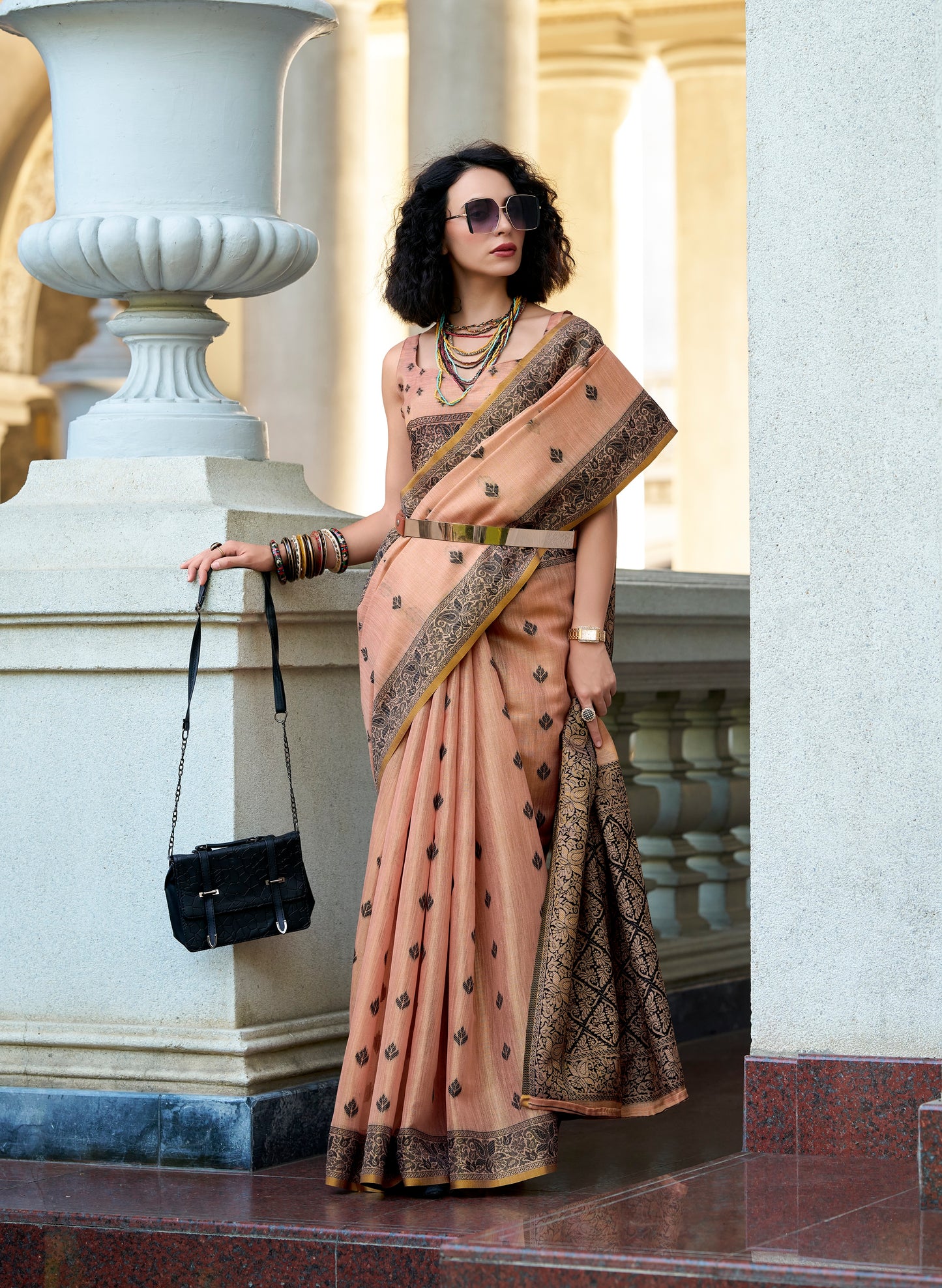 Peach Linen Tissue Readymade/Easy Saree
