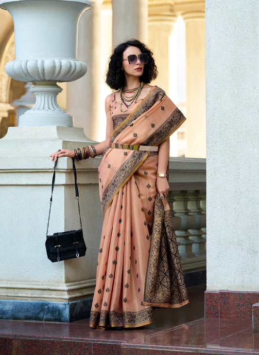 Peach Linen Tissue Readymade/Easy Saree