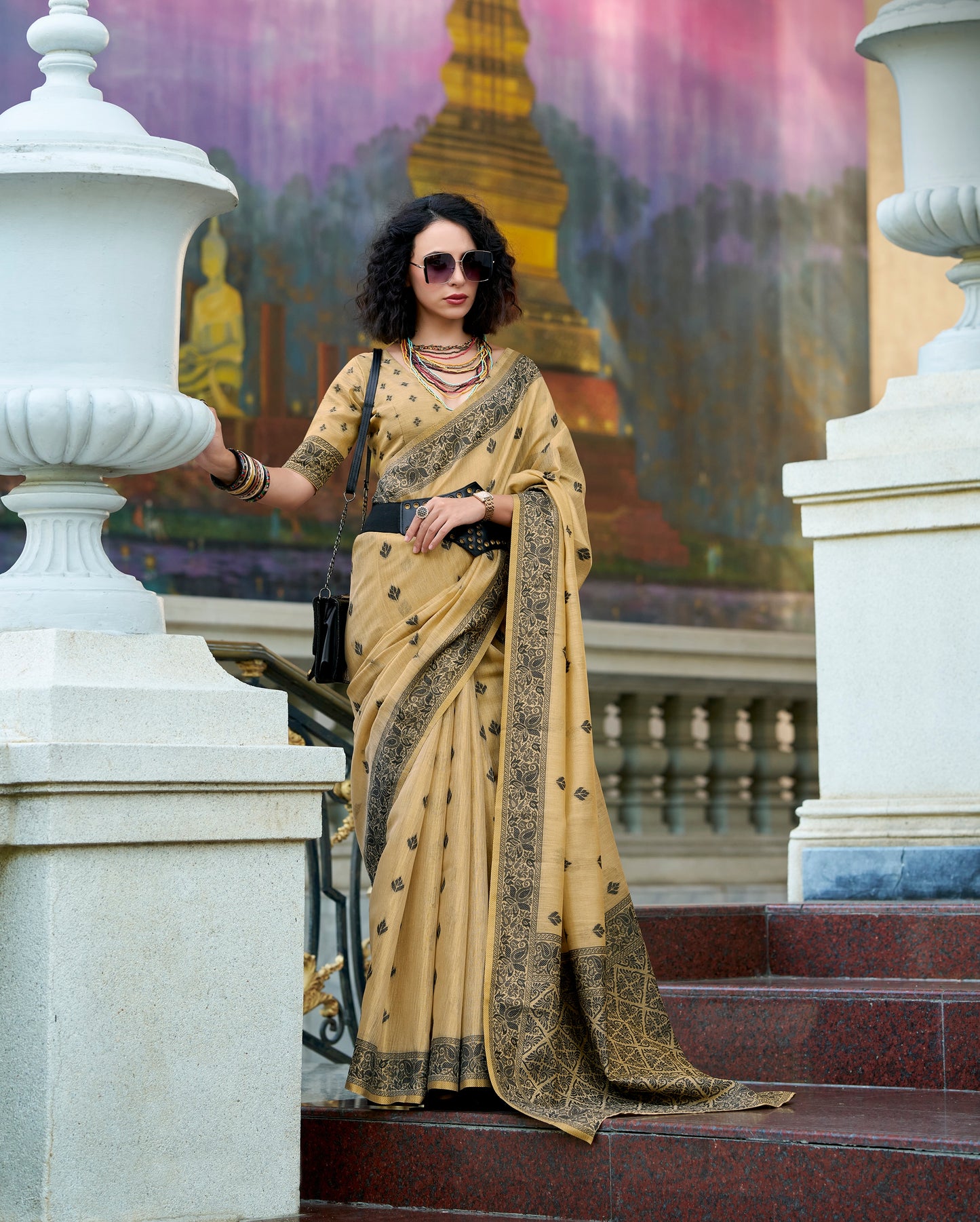Golden beige Linen Tissue Readymade/Easy Saree