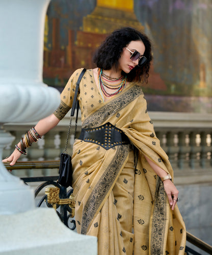 Golden beige Linen Tissue Readymade/Easy Saree