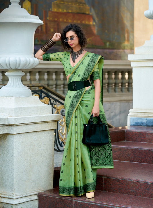 Mint Green Linen Tissue Readymade/Easy Saree