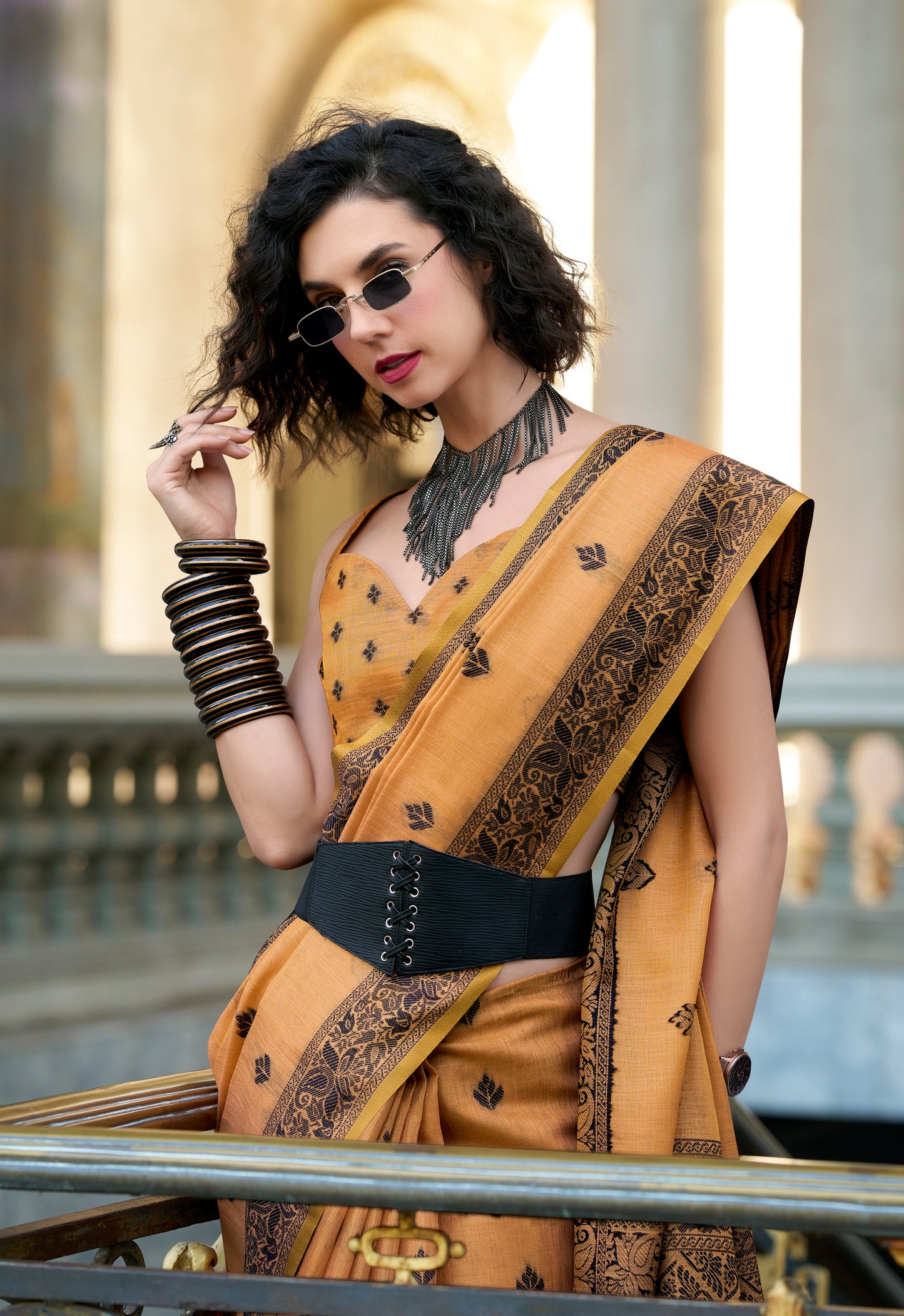 Orange Linen Tissue Readymade/Easy Saree